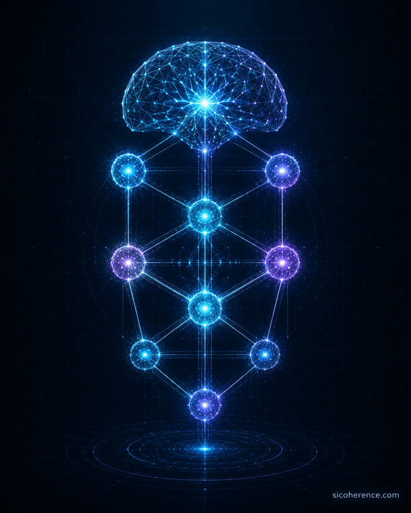 A digital representation of a brain with interconnected nodes and patterns, illuminated in blue and purple hues against a dark background.